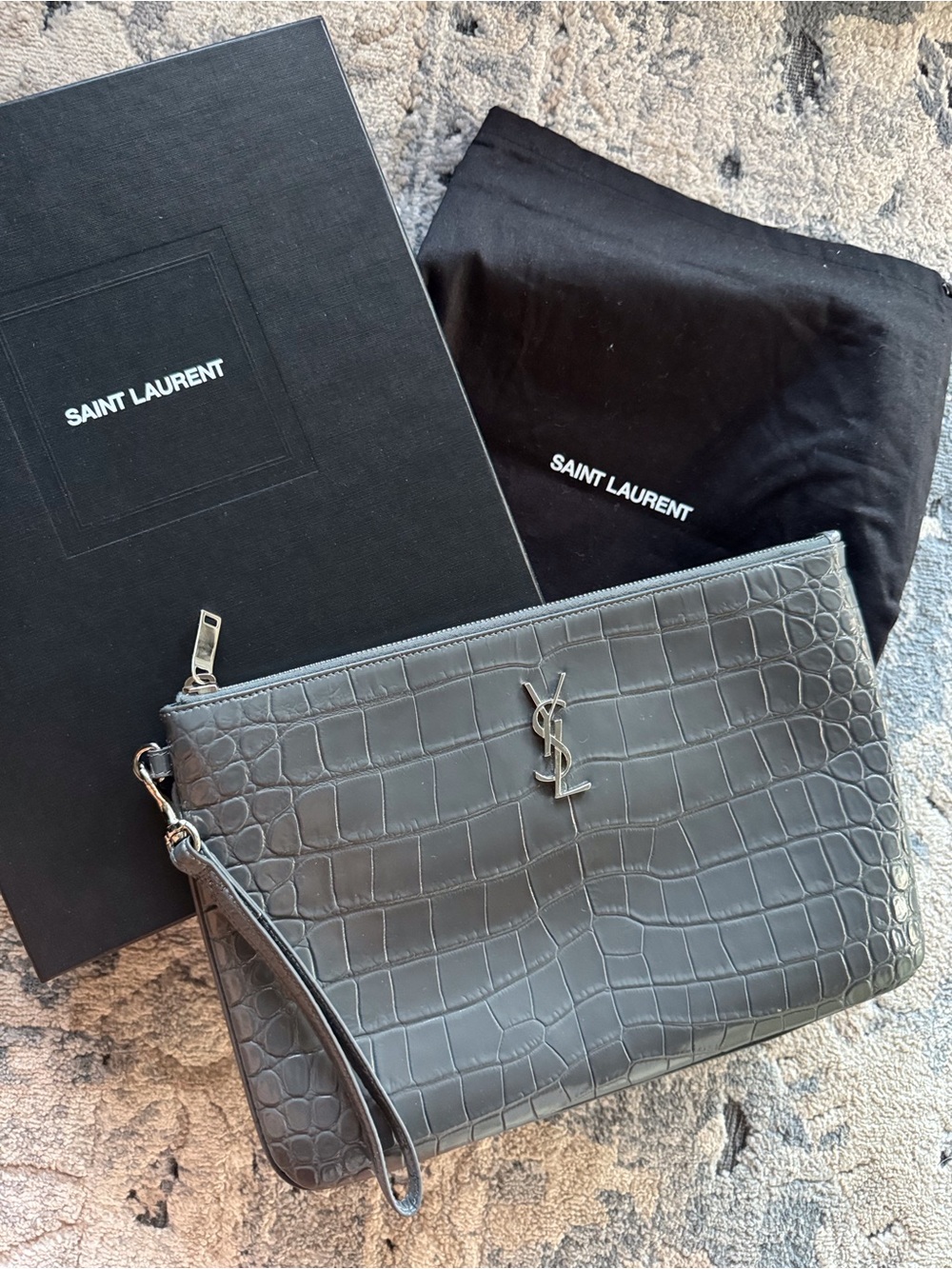 Saint Laurent YSL Gray Croc-Embossed Leather Wrist Pouch with YSL Hardware
